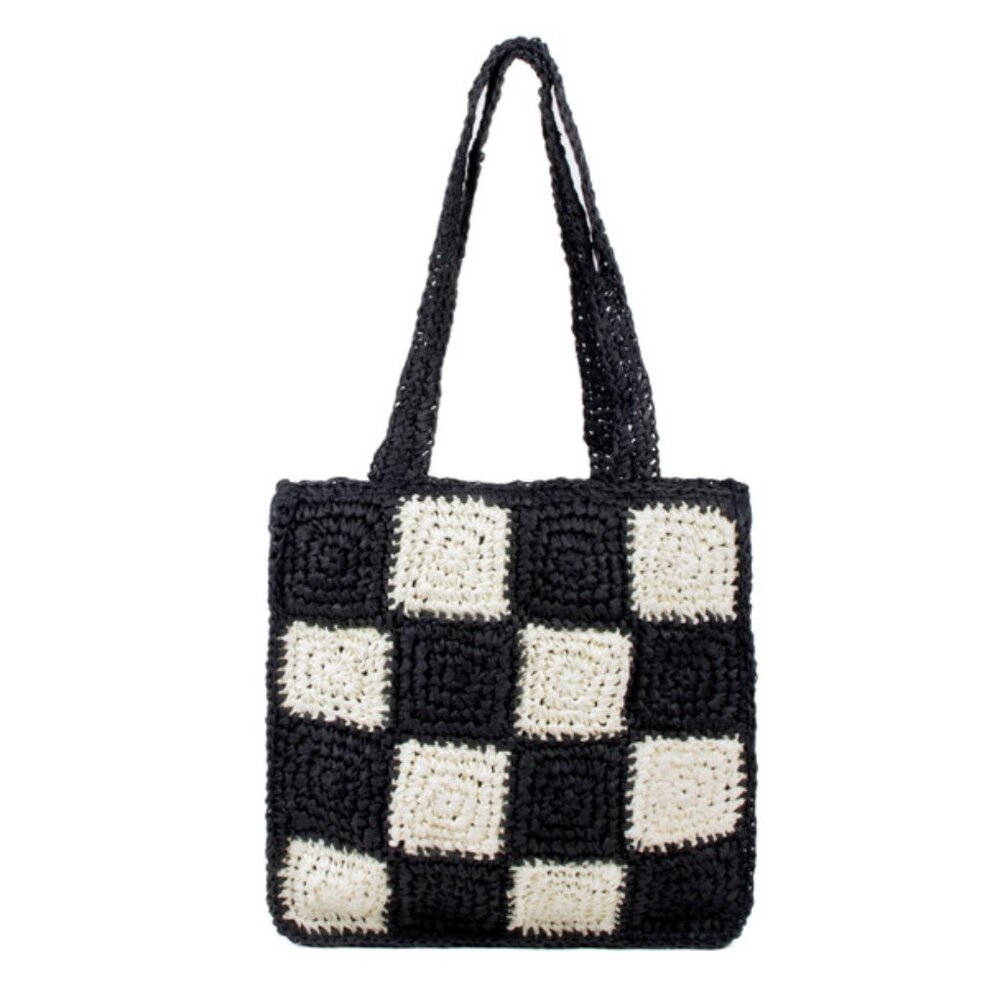 Checkered/ Patchwork- Black & White Straw Tote /Beach Bag - NWT